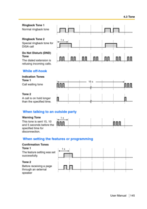 Page 1454.3 Tone
User Manual 145
While off-hook
When talking to an outside party
When setting the features or programming 
Ringback Tone 1
Normal ringback tone
Ringback Tone 2
Special ringback tone for 
DISA call
Do Not Disturb (DND) 
To n e  
The dialed extension is 
refusing incoming calls.
Indication Tones
To n e  1
Call waiting tone
To n e  2
A call is on hold longer 
than the specified time.
Warning Tone
This tone is sent 15, 10 
and 5 seconds before the 
specified time for 
disconnection.
Confirmation...