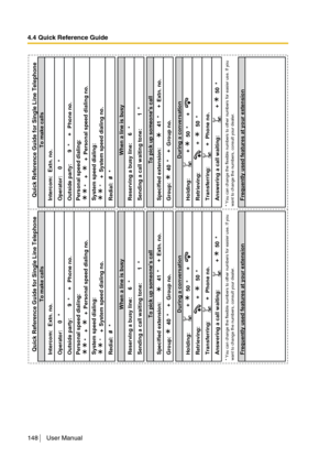 Page 1484.4 Quick Reference Guide
148 User Manual
Intercom: Extn. no.
Operator: 0 *Outside party:
9 * + Phone no.
Personal speed dialing:
*+ +Personal speed dialing no.
System speed dialing:
*
+System speed dialing no.
Redial: # *
Reserving a busy line: 6 *
Sending a call waiting tone: 1 *
Specified extension:
41 * +
Extn. no.
Group: 40 * +
Group no.
Holding: + 50 * +
Retrieving: + 50 *
Transferring: + Phone no.
Answering a call waiting: + 50 *
Frequently used features at your extensionQuick Reference Guide for...