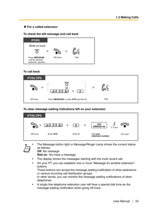 Page 331.2 Making Calls
User Manual 33
 For a called extension
To check the left message and call back
To call back
To clear message waiting indications left on your extension
The Message button light or Message/Ringer Lamp shows the current status 
as follows: 
Off: No message 
Red on: You have a message.
The display shows the messages starting with the most recent call.
On your PT, you can establish one or more Message for another extension 
buttons.
These buttons can accept the message waiting...