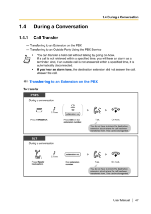 Page 471.4 During a Conversation
User Manual 47
1.4 During a Conversation
1.4.1 Call Transfer
— Transferring to an Extension on the PBX
— Transferring to an Outside Party Using the PBX Service
 Transferring to an Extension on the PBX
To transferYou can transfer a held call without talking by going on-hook.
If a call is not retrieved within a specified time, you will hear an alarm as a 
reminder. And, if an outside call is not answered within a specified time, it is 
automatically disconnected.
If you hear an...