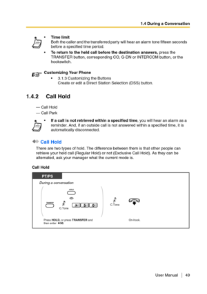 Page 491.4 During a Conversation
User Manual 49
1.4.2 Call Hold
— Call Hold
— Call Park
 Call Hold
There are two types of hold. The difference between them is that other people can 
retrieve your held call (Regular Hold) or not (Exclusive Call Hold). As they can be 
alternated, ask your manager what the current mode is.
Call HoldTime limit
Both the caller and the transferred party will hear an alarm tone fifteen seconds 
before a specified time period.
To return to the held call before the destination...