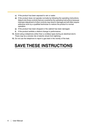 Page 66 User Manual
c)If the product has been exposed to rain or water.
d)If the product does not operate normally by following the operating instructions. 
Adjust only those controls that are covered by the operating instructions because 
improper adjustment of other controls may result in damage and will often require 
extensive work by a qualified technician to restore the product to normal 
operation. 
e)If the product has been dropped or the cabinet has been damaged.
f)If the product exhibits a distinct...