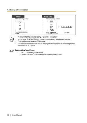 Page 581.4 During a Conversation
58 User Manual
To return to the original party, repeat the operation.
In this case, FLASH/RECALL button on proprietary telephones is in the 
External Feature Access (EFA) mode.
The caller’s information will not be displayed on telephones or wireless phones 
connected to SLT ports.
Customizing Your Phone
3.1.3 Customizing the Buttons
Create or edit an External Feature Access (EFA) button.
While hearing a tone
 
While hearing a tone
PT/SLT/PS
Press FLASH/RECALL or EFA.Enter...