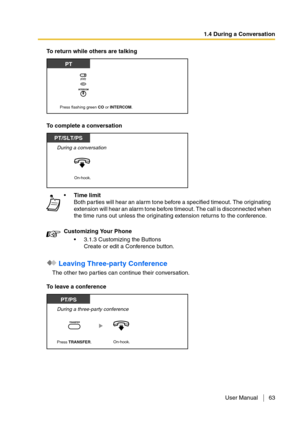 Page 631.4 During a Conversation
User Manual 63
To return while others are talking
To complete a conversation
 Leaving Three-party Conference
The other two parties can continue their conversation.
To leave a conferenceTime limit
Both par ties will hear an alarm tone before a specified timeout. The originating 
extension will hear an alarm tone before timeout. The call is disconnected when 
the time runs out unless the originating extension returns to the conference.
Customizing Your Phone
3.1.3 Customizing...