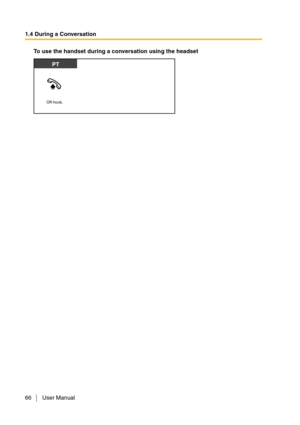 Page 661.4 During a Conversation
66 User Manual
To use the handset during a conversation using the headset 
PT
Off-hook. 