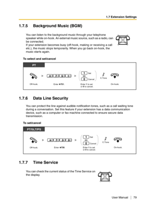 Page 791.7 Extension Settings
User Manual 79
1.7.5 Background Music (BGM)
To select and set/cancel
1.7.6 Data Line Security
You can protect the line against audible notification tones, such as a call waiting tone 
during a conversation. Set this feature if your extension has a data communication 
device, such as a computer or fax machine connected to ensure secure data 
transmission.
To set/cancel
1.7.7 Time Service
You can listen to the background music through your telephone 
speaker while on-hook. An...