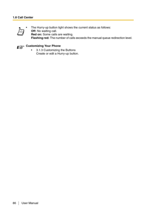 Page 861.8 Call Center
86 User Manual
The Hurry-up button light shows the current status as follows:
Off: No waiting call.
Red on: Some calls are waiting. 
Flashing red: The number of calls exceeds the manual queue redirection level.
Customizing Your Phone
3.1.3 Customizing the Buttons
Create or edit a Hurry-up button. 