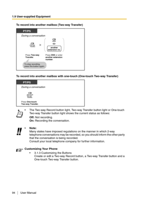 Page 941.9 User-supplied Equipment
94 User Manual
To record into another mailbox (Two-way Transfer)
To record into another mailbox with one-touch (One-touch Two-way Transfer)
The Two-way Record button light, Two-way Transfer button light or One-touch 
Two-way Transfer button light shows the current status as follows:
Off: Not recording.
On: Recording the conversation.
Note:
Many states have imposed regulations on the manner in which 2-way 
telephone conversations may be recorded, so you should inform the...