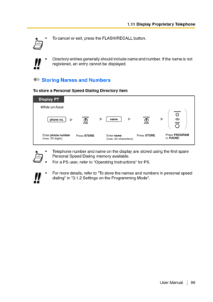 Page 991.11 Display Proprietary Telephone
User Manual 99
 Storing Names and Numbers
To store a Personal Speed Dialing Directory itemTo cancel or exit, press the FLASH/RECALL button.
Directory entries generally should include name and number. If the name is not 
registered, an entry cannot be displayed.
Telephone number and name on the display are stored using the first spare 
Personal Speed Dialing memory available.
For a PS user, refer to Operating Instructions for PS.
For more details, refer to To store...