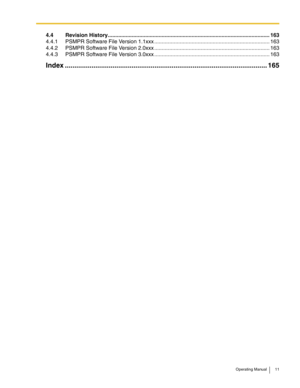 Page 11Operating Manual 11
4.4 Revision History............................................................................................................163
4.4.1 PSMPR Software File Version 1.1xxx ............................................................................. 163
4.4.2 PSMPR Software File Version 2.0xxx ............................................................................. 163
4.4.3 PSMPR Software File Version 3.0xxx...