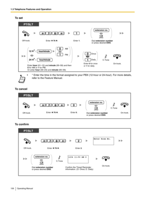 Page 1061.3 Telephone Features and Operation
106 Operating Manual
To set
To cancel
To confirm
 * Enter the time in the format assigned to your PBX (12-hour or 24-hour). For more details, 
refer to the Feature Manual.
On-hook.
Off-hook.
Enter 0 for once
or 1 for daily.Once
Daily
1
OR
1
0
C.Tone
Dial extension numberor press desired DSS.
OR
extension no.
AM
PM0
1
Enter hour (01–12) and minute (00–59) and then 0 for AM or 1 for PM.
Or enter hour (00–23) and minute (00–59).
hour/minuteOR
hour/minute
Enter     76...