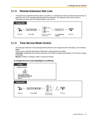 Page 1192.1 Manager Service Features
Operating Manual 119
2.1.4 Remote Extension Dial Lock
This feature can override Extension Dial Lock (refer to 1.3.24 Extension Dial Lock) that has been set by an 
extension user. If the manager extension locks the extension, the extension user cannot unlock it.
This feature is also known as Remote Station Lock Control.
2.1.5 Time Service Mode Control
The manager extension or the preprogrammed extension can change the time mode (Day, Lunch, Break or 
Night).
There are two...