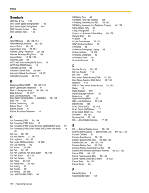 Page 166Index  
166 Operating Manual
Symbols
[000] Date & Time 142
[001] System Speed Dialing Number 143
[002] System Speed Dialing Name 144
[003] Extension Number 144
[004] Extension Name 145
A
Absent Message 26, 125, 151
Absent Message, Personal 26, 125
Account Button 18, 132
Account Code Entry 27, 151
Alternate Calling—Ring/Voice 28, 158
Alternate Receiving—Ring/Voice 124
Answer Button 18, 72, 132
Answering Calls 24
AUTO ANS (Auto Answer)/MUTE Button 16
AUTO DIAL/STORE Button 16
Automatic Call Hold 32...