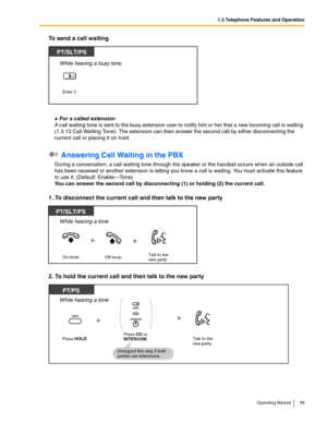 Page 391.3 Telephone Features and Operation
Operating Manual 39
To send a call waiting
 For a called extension
A call waiting tone is sent to the busy extension user to notify him or her that a new incoming call is waiting 
(1.3.13 Call Waiting Tone). The extension can then answer the second call by either disconnecting the 
current call or placing it on hold.
 Answering Call Waiting in the PBX
During a conversation, a call waiting tone through the speaker or the handset occurs when an outside call 
has been...