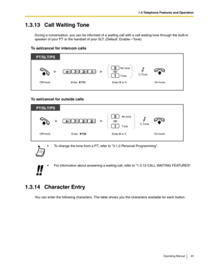 Page 431.3 Telephone Features and Operation
Operating Manual 43
1.3.13 Call Waiting Tone
During a conversation, you can be informed of a waiting call with a call waiting tone through the built-in 
speaker of your PT or the handset of your SLT. (Default: Enable—Tone)
To set/cancel for intercom calls
To set/cancel for outside calls
1.3.14 Character Entry
You can enter the following characters. The table shows you the characters available for each button. To change the tone from a PT, refer to 3.1.2 Personal...