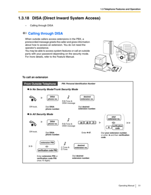 Page 511.3 Telephone Features and Operation
Operating Manual 51
1.3.18 DISA (Direct Inward System Access)
– Calling through DISA
 Calling through DISA
To call an extension
When outside callers access extensions in the PBX, a 
prerecorded message greets the caller and gives information 
about how to access an extension. You do not need the 
operators assistance.
You may be able to access system features or call an outside 
party with your password depending on the security mode. 
For more details, refer to the...