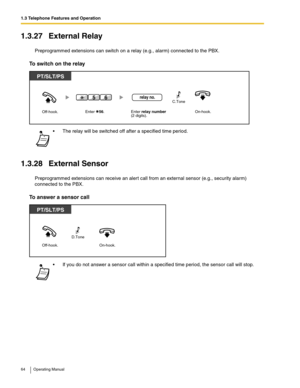 Page 641.3 Telephone Features and Operation
64 Operating Manual
1.3.27 External Relay
Preprogrammed extensions can switch on a relay (e.g., alarm) connected to the PBX.
To switch on the relay
1.3.28 External Sensor
Preprogrammed extensions can receive an alert call from an external sensor (e.g., security alarm) 
connected to the PBX.
To answer a sensor call
 The relay will be switched off after a specified time period.
 If you do not answer a sensor call within a specified time period, the sensor call will...