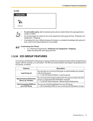 Page 751.3 Telephone Features and Operation
Operating Manual 75
To dial
1.3.34 ICD GROUP FEATURES
An incoming call distribution (ICD) group is a group of extensions assigned through system programming to 
receive calls (for example, as a call center). The PBX has several features that support using extensions in 
ICD groups, as follows:To call another party, dial the desired par tys phone number before the preprogrammed 
number is dialed.
 You should assign the intercom line as the seized line when going...