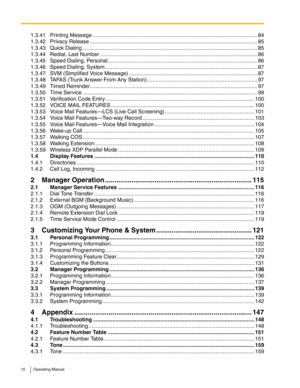 Page 1010 Operating Manual
1.3.41 Printing Message .............................................................................................................. 84
1.3.42 Privacy Release ................................................................................................................ 85
1.3.43 Quick Dialing ..................................................................................................................... 85
1.3.44 Redial, Last Number...