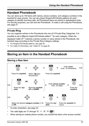 Page 35Using the Handset Phonebook
Document Version 2007-06   35
Ha ndse t Pho nebo ok
You can store up to 100 items with names, phone numbers, and category numbers in the 
handset for easy access. You can set unique Ringer/LED/Vibrate patterns for each 
category to identify incoming calls. All Phonebook items are stored in alphabetical order. 
For security purposes, you can lock the Phonebook. To make a call using the Phonebook, 
see page 21.
Private Rin g
You can organize entries in the Phonebook into one of...