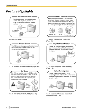 Page 2Feature Highlights
Consult your dealer1.1  Before Operating the Telephones
(Page 18)1.3.76  Wireless XDP Parallel Mode (Page  142)1.3.63  SVM (Simplified Voice Message)
(Page 118)1.3.36  ICD GROUP FEATURES (Page 89)1.3.71  Voice Mail Features—Voice Mail
Integration (Page 136)2Operating ManualDocument Version  2010-11  Feature HighlightsIP Communication
This PBX supports IP communication using
a variety of IP telephones, such as the 
KX-NT300 series with Bluetooth  wireless
headsets.
R
IP Proprietary...