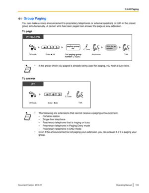 Page 103 Group Paging
You can make a voice announcement to proprietary telephones or external speakers or both in the preset
group simultaneously. A person who has been paged can answer the page at any extension.
To page• If the group which you paged is already being used for paging, you hear a busy tone.
To answer
•The following are extensions that cannot receive a paging announcement:
– Portable station
– Single line telephone
– Proprietary telephone that is ringing or busy
– Proprietary telephone in Paging...