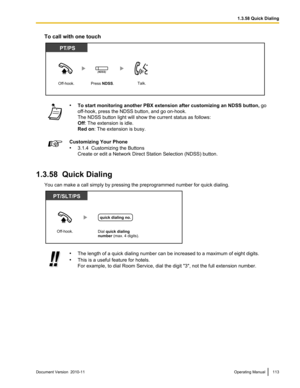 Page 113To call with one touch•To start monitoring another PBX extension after customizing an NDSS button,  go
off-hook, press the NDSS button, and go on-hook. The NDSS button light will show the current status as follows:
Off : The extension is idle.
Red on : The extension is busy.Customizing Your Phone
• 3.1.4  Customizing the Buttons
Create or edit a Network Direct Station Selection (NDSS) button.
1.3.58  Quick Dialing
You can make a call simply by pressing the preprogrammed number for quick dialing.
•The...