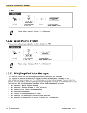 Page 118To dial•To call using a directory, refer to "1.4.3  Directories".
1.3.62  Speed Dialing, System
You can make calls using speed dialing numbers stored in the PBX.
•To call using a directory, refer to "1.4.3  Directories".
1.3.63  SVM (Simplified Voice Message)
Your PBX can provide you with answering machine service if an SVM card is installed.
Your extension is assigned a message box, into which callers can leave voice messages for you.
After callers reach your message box, they will hear...