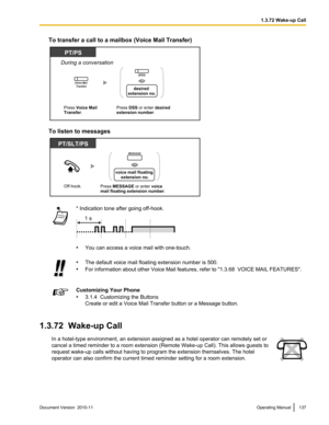 Page 137To transfer a call to a mailbox (Voice Mail Transfer)
To listen to messages
* Indication tone after going off-hook.
•You can access a voice mail with one-touch.
•The default voice mail floating extension number is 500.
• For information about other Voice Mail features, refer to  "1.3.68  VOICE MAIL FEATURES ".Customizing Your Phone
• 3.1.4  Customizing the Buttons
Create or edit a Voice Mail Transfer button or a Message button.
1.3.72  Wake-up Call
In a hotel-type environment, an extension...