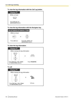 Page 144To view the log information with the Call Log button
To view the log information with the Navigator key
To clear the log information
To call
144Operating ManualDocument Version  2010-11  1.4.1 Call Log, IncomingPress Call Log until 
desired party appears.
Display PT
(Call Log)
While on-hook KX-NT300/KX-DT300/KX-T7600
Press Left twice.
While on-hook
Press Up or Down until 
desired party appears. Press TRANSFER.
Display PT
While viewing the log information
TRANSFER
Press Call Log, or Up or Down
until...