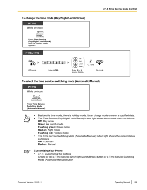 Page 159To change the time mode (Day/Night/Lunch/Break)
To select the time service switching mode (Automatic/Manual)
•Besides the time mode, there is Holiday mode. It can change mode once on a specified date.
• The Time Service (Day/Night/Lunch/Break) button light shows the current status as follows:
Off:  Day mode
Green on:  Lunch mode
Flashing green:  Break mode
Red on:  Night mode
Flashing red:  Holiday mode
• The Time Service Switching Mode (Automatic/Manual) button light shows the current status
as...