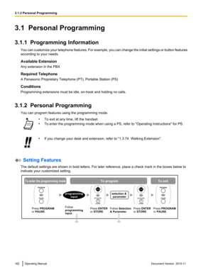 Page 1623.1  Personal Programming
3.1.1  Programming Information You can customize your telephone features. For example, you can change the initial settings or button features
according to your needs.
Available Extension
Any extension in the PBX
Required Telephone
A Panasonic Proprietary Telephone (PT), Portable Station (PS)
Conditions
Programming extensions must be idle, on-hook and holding no calls.
3.1.2  Personal Programming You can program features using the programming mode.•To exit at any time, lift the...