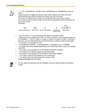 Page 176•*1
 "", "#", FLASH/RECALL, PAUSE, Secret (INTERCOM) and TRANSFER can also be
stored.
If you do not want to display the stored number when making a call, press the Secret
(INTERCOM) button before and after the numbers you wish to conceal.
If you store an outside party’s number, you should first store a line access number.
If you need to enter an account code, you can enter the specified account code before the
line access number.

• *2
 For a PF button, "2" is not required to...