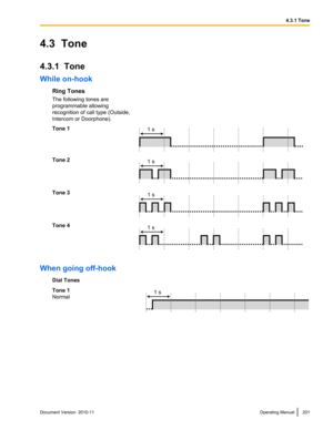 Page 2014.3  Tone
4.3.1  Tone
While on-hookRing Tones
The following tones are
programmable allowing
recognition of call type (Outside,
Intercom or Doorphone).Tone 1Tone 2Tone 3Tone 4
When going off-hook
Dial TonesTone 1
NormalDocument Version  2010-11  Operating Manual2014.3.1 Tone1 s 1 s 1 s 1 s 1 s  