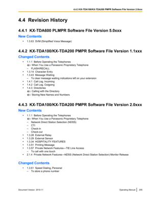 Page 2054.4  Revision History
4.4.1  KX-TDA600 PLMPR Software File Version 5.0xxx
New Contents •1.3.63  SVM (Simplified Voice Message)
4.4.2  KX-TDA100/KX-TDA200 PMPR Software File Version 1.1xxx
Changed Contents •1.1.1  Before Operating the Telephones
 When You Use a Panasonic Proprietary Telephone
– FLASH/RECALL
• 1.3.14  Character Entry
• 1.3.43  Message Waiting
– To clear message waiting indications left on your extension
• 1.4.1  Call Log, Incoming
• 1.4.2  Call Log, Outgoing
• 1.4.3  Directories
 Calling...