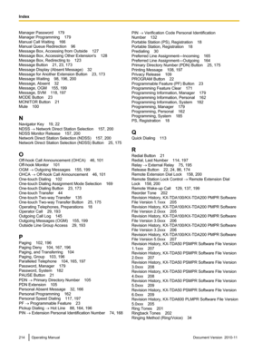 Page 214Manager Password    179
Manager Programming    179
Manual Call Waiting    166
Manual Queue Redirection    96
Message Box, Accessing from Outside    127
Message Box, Accessing Other Extension's    128
Message Box, Redirecting to    123
Message Button    21, 23, 173
Message Display (Absent Message)    32
Message for Another Extension Button    23, 173
Message Waiting    98, 196, 200
Message, Absent    32
Message, OGM    155, 199
Message, SVM    118, 197
MODE Button    23
MONITOR Button    21
Mute...