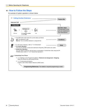 Page 26 How to Follow the Steps
An example of system operation is shown below.26Operating ManualDocument Version  2010-11  1.1.1 Before Operating the Telephones The DSS button light shows the current status as follows:
Off:The extension is idle.
Red on:Your or another extension is using the line.
Customizing Your Phone
3.1.3 Customizing the Buttons
Create or edit a Direct Station Selection (DSS) button.
PT and SLTPT/SLT/PS
Off-hook.Talk.Dial extension number 
or press DSS.
ORextension no.
(DSS)
Feature title...