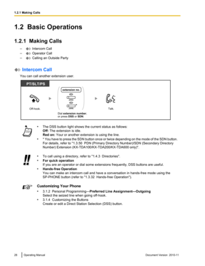 Page 281.2  Basic Operations
1.2.1  Making Calls –
 Intercom Call
–
 Operator Call
–
 Calling an Outside Party
 Intercom Call
You can call another extension user.
• The DSS button light shows the current status as follows:
Off:  The extension is idle.
Red on:  Your or another extension is using the line.
• * You have to press the SDN button once or twice depending on the mode of the SDN button.
For details, refer to "1.3.50  PDN (Primary Directory Number)/SDN (Secondary Directory
Number) Extension...