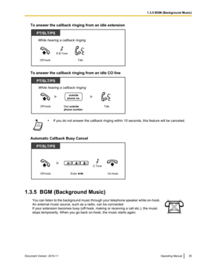 Page 35To answer the callback ringing from an idle extension
To answer the callback ringing from an idle CO line
•If you do not answer the callback ringing within 10 seconds, this feature will be canceled.
Automatic Callback Busy Cancel
1.3.5  BGM (Background Music)
You can listen to the background music through your telephone speaker while on -hook.
An external music source, such as a radio, can be connected. If your extension becomes busy (off-hook, making or receiving a call etc.), the music
stops...