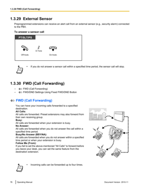 Page 761.3.29  External SensorPreprogrammed extensions can receive an alert call from an external sensor (e.g., security alarm) connected
to the PBX.
To answer a sensor call• If you do not answer a sensor call within a specified time period, the sensor call will stop.
1.3.30  FWD (Call Forwarding)
–
 FWD (Call Forwarding)
–
 FWD/DND Settings Using Fixed FWD/DND Button
 FWD (Call Forwarding)
You can have your incoming calls forwarded to a specified
destination.
All Calls:
All calls are forwarded. Preset...