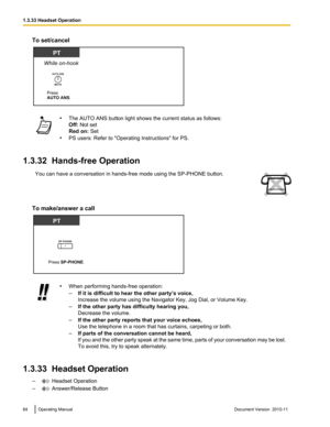 Page 84To set/cancel•The AUTO ANS button light shows the current status as follows:
Off:  Not set
Red on:  Set
• PS users: Refer to "Operating Instructions" for PS.
1.3.32  Hands-free Operation
You can have a conversation in hands-free mode using the SP-PHONE button.
To make/answer a call
•When performing hands-free operation:
– If it is difficult to hear the other party’s voice,
Increase the volume using the Navigator Key, Jog Dial, or Volume Key.
– If the other party has difficulty hearing you,...