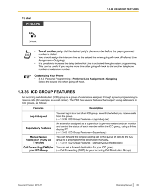 Page 89To dial•To call another party , dial the desired party’s phone number before the preprogrammed
number is dialed.
• You should assign the intercom line as the seized line when going off -hook. (Preferred Line
Assignment—Outgoing)
• It is possible to increase the delay before Hot Line is activated through system programming.
This can be useful if you require more time after going off-hook to dial another telephone
number or extension number.Customizing Your Phone
• 3.1.2  Personal Programming— Preferred...