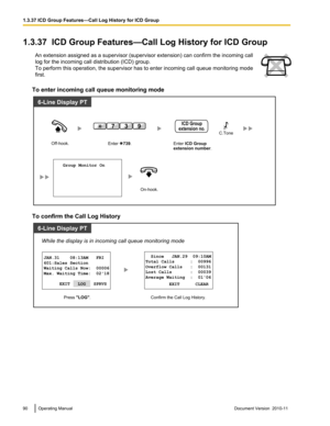 Page 901.3.37  ICD Group Features—Call Log History for ICD GroupAn extension assigned as a supervisor (supervisor extension) can confirm the incoming call
log for the incoming call distribution (ICD) group.
To perform this operation, the supervisor has to enter incoming call queue monitoring mode
first.
To enter incoming call queue monitoring mode
To confirm the Call Log History
90Operating ManualDocument Version  2010-11  1.3.37 ICD Group Features—Call Log History for ICD Group On-hook.
Enter ICD Group...