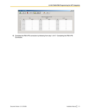 Page 1114.Complete the PBX-VPS connection by following from step 1 of 4.7  Completing the PBX-VPS
Connection.
Document Version  3.0  2010/06Installation Manual1114.3 KX-TA824 PBX Programming for APT Integration  