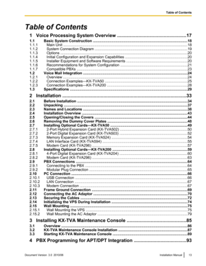 Page 13Table of Contents1 Voice Processing System Overview .. ..................................................17
1.1 Basic System Construction .. ......................................................................................... 18
1.1.1 Main Unit .. ...................................................................................................................... 18
1.1.2 System Connection Diagram .. ........................................................................................ 19
1.1.3...