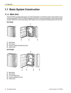 Page 181.1  Basic System Construction
1.1.1  Main Unit The KX-TVA50  is equipped with 2 jacks in its initial configuration, and its flash memory card provides 4 hours
of recording capacity. The  KX-TVA200 is equipped with 2 jacks in its initial configuration, and its hard disk drive
provides 1000 hours of recording capacity. Both systems can be expanded by adding optional service cards.
KX-TVA50
1. Main Board
2. Front Cover
3. Factory-installed Flash Memory Card
4. Cable Cover
KX-TVA200
1. Main Board
2. Front...