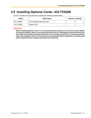 Page 592.8  Installing Optional Cards—KX-TVA200The KX-TVA200 can be expanded by installing the following optional cards.ModelModel NameMaximum QuantityKX-TVA2044-Port Digital Expansion Card6KX-TVA296Modem Card1
CAUTIONBefore installing optional cards, it is very important that the power to the unit be turned off. Before
touching the optional cards or any components within the unit, discharge any static electricity from
your body by touching the ground terminal (if it is connected to ground) or by using a...