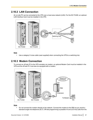 Page 672.10.2  LAN ConnectionAn on-site PC can be connected to the VPS over a local area network (LAN). For the KX-TVA50, an optional
LAN Interface Card must be installed in the VPS.
Note
•Use a category 5 cross cable (user-supplied) when connecting the VPS to a switching hub.
2.10.3  Modem Connection To connect an off-site PC to the VPS remotely via modem, an optional Modem Card must be installed in the
VPS and the off-site PC must also be equipped with a modem.
Note
•Do not connect the modem directly to the...