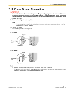 Page 692.11  Frame Ground Connection
IMPORTANTConnect the frame of the main unit to ground. The grounding plug of the AC cable provides some
protection from external noise and lightning strikes, but it may not be enough to fully protect the
unit. A permanent connection between ground and the ground terminal of the unit must be made.
1. Loosen the screw.
2. Insert a grounding wire (user-supplied).
Note
•Green-and-yellow insulation is required, and the cross-sectional area of the conductor must be
more than 0.75...