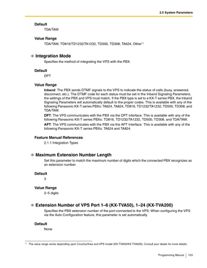 Page 1532.5 System Parameters
Programming Manual 153
Default
TDA/TAW
Va l u e  R a n g e
TDA/TAW, TD816/TD1232/TA1232, TD500, TD308, TA624, Other*1
Integration Mode
Specifies the method of integrating the VPS with the PBX.
Default
DPT
Va l u e  R a n g e
Inband: The PBX sends DTMF signals to the VPS to indicate the status of calls (busy, answered, 
disconnect, etc.). The DTMF code for each status must be set in the Inband Signaling Parameters; 
the settings of the PBX and VPS must match. If the PBX type is set...